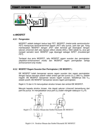 PERANTI SEPARUH PENGALIR E1002 / UNIT
4.5MOSFET
4.5.1 Pengenalan
MOSFET adalah kategori kedua bagi FET. MOSFET (metal-oxide semiconductor
FET) mempunyai terminal-terminal seperti JFET iaitu punca, parit dan get. Yang
membezakan MOSFET dengan JFET ialah terminal get diasingkan dengan
saluran (channel) oleh satu lapisan silikon oksida (SiO2). Oleh sebab itu, arus get
menjadi semakin kecil. MOSFET juga dipanggil sebagai IGFET (insulated-get
FET).
Terdapat dua jenis MOSFET, iaitu MOSFET ragam susutan dan peningkatan
(depletion-enhancement mode) dan MOSFET ragam peningkatan sahaja
(enhancement-only mode).
4.5.2 MOSFET Ragam Susutan Dan Peningkatan ( DE MOSFET )
DE MOSFET boleh beroperasi secara ragam susutan dan ragam peningkatan
dengan hanya menukar polariti voltan antara get dan punca (VGS). Bila VGS adalah
negatif, DE MOSFET beroperasi secara ragam susutan. Sebaliknya bila VGS
adalah positif, DE MOSFET beroperasi secara ragam peningkatan.
Rajah 4.13 dan 4.14 menunjukkan struktur binaan dan simbol DE MOSFET.
Merujuk kepada struktur binaan, kita dapati saluran (channel) bersambung dari
parit ke punca. Ini menyebabkan arus parit (ID) boleh mengalir walaupun VGS=0.
N
N
P
D
S
G
G
D
S
P
P
N
D
S
G
G
D
S
Rajah 4.14 : Struktur Binaan dan Simbol Skematik DE MOSFET
Rajah 4.13 : Struktur Binaan dan Simbol Skematik DE MOSFET
 