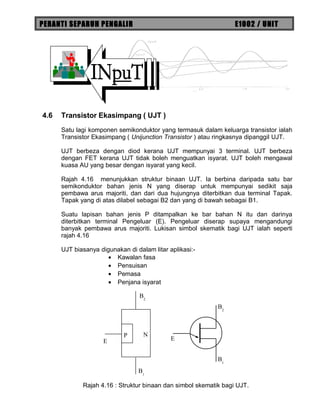 PERANTI SEPARUH PENGALIR E1002 / UNIT
4.6 Transistor Ekasimpang ( UJT )
Satu lagi komponen semikonduktor yang termasuk dalam keluarga transistor ialah
Transistor Ekasimpang ( Unijunction Transistor ) atau ringkasnya dipanggil UJT.
UJT berbeza dengan diod kerana UJT mempunyai 3 terminal. UJT berbeza
dengan FET kerana UJT tidak boleh menguatkan isyarat. UJT boleh mengawal
kuasa AU yang besar dengan isyarat yang kecil.
Rajah 4.16 menunjukkan struktur binaan UJT. Ia berbina daripada satu bar
semikonduktor bahan jenis N yang diserap untuk mempunyai sedikit saja
pembawa arus majoriti, dan dari dua hujungnya diterbitkan dua terminal Tapak.
Tapak yang di atas dilabel sebagai B2 dan yang di bawah sebagai B1.
Suatu lapisan bahan jenis P ditampalkan ke bar bahan N itu dan darinya
diterbitkan terminal Pengeluar (E). Pengeluar diserap supaya mengandungi
banyak pembawa arus majoriti. Lukisan simbol skematik bagi UJT ialah seperti
rajah 4.16
UJT biasanya digunakan di dalam litar aplikasi:-
• Kawalan fasa
• Pensuisan
• Pemasa
• Penjana isyarat
B2
B1
E
NP
B2
B1
E
Rajah 4.16 : Struktur binaan dan simbol skematik bagi UJT.
 