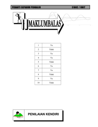 PERANTI SEPARUH PENGALIR E1002 / UNIT
1 Ya
2 Tidak
3 Ya
4 Ya
5 Tidak
6 Ya
7 Ya
8 Tidak
9 Ya
10 Tidak
PENILAIAN KENDIRIPENILAIAN KENDIRI
 