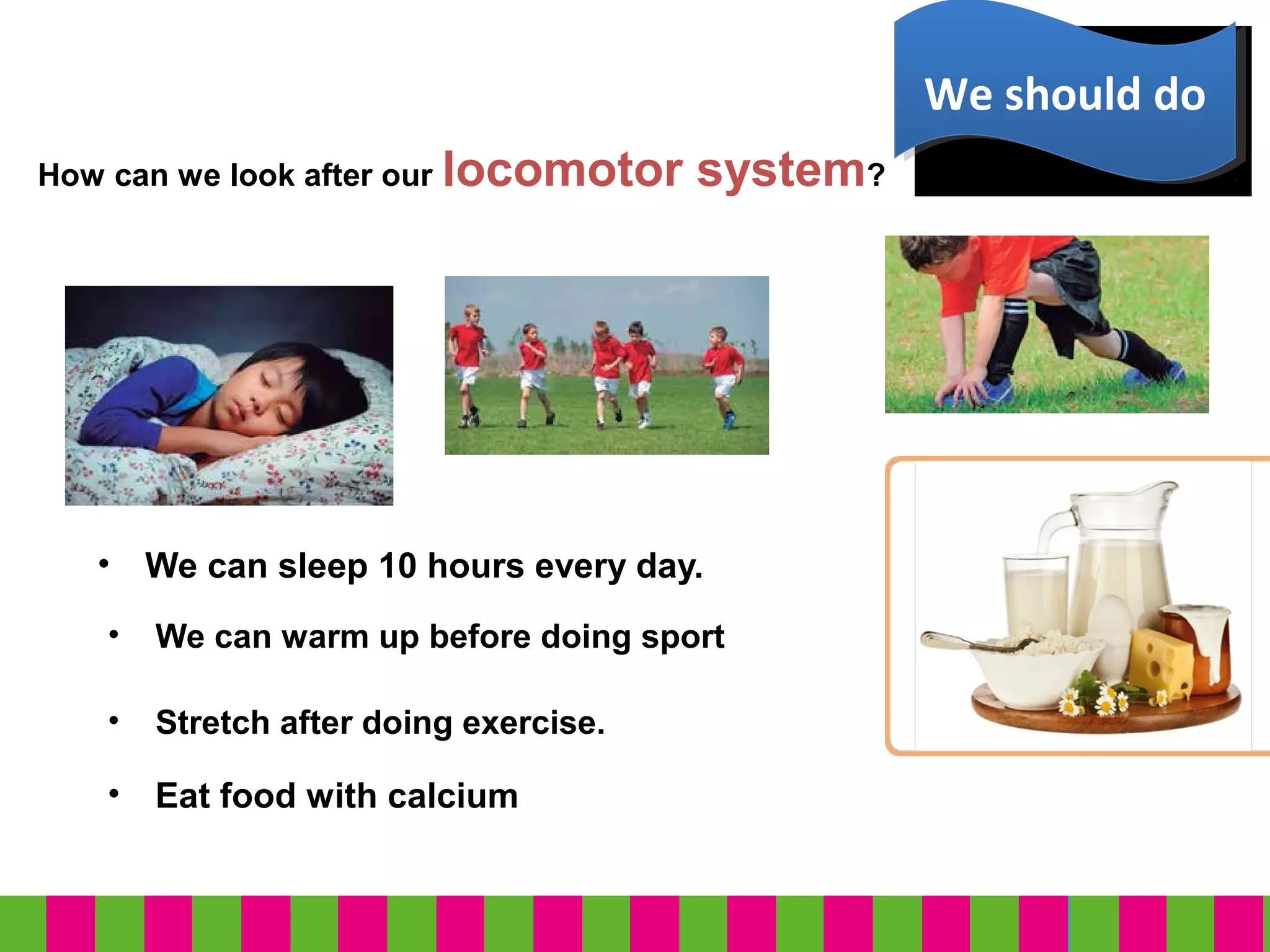 How can we look after our locomotor system?
• We can warm up before doing sport
• Stretch after doing exercise.
• We can sleep 10 hours every day.
We should doWe should do
• Eat food with calcium
 