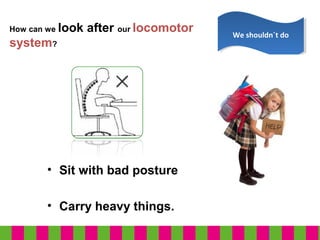 How can we look after our locomotor
system?
• Sit with bad posture
• Carry heavy things.
We shouldn´t doWe shouldn´t do
 