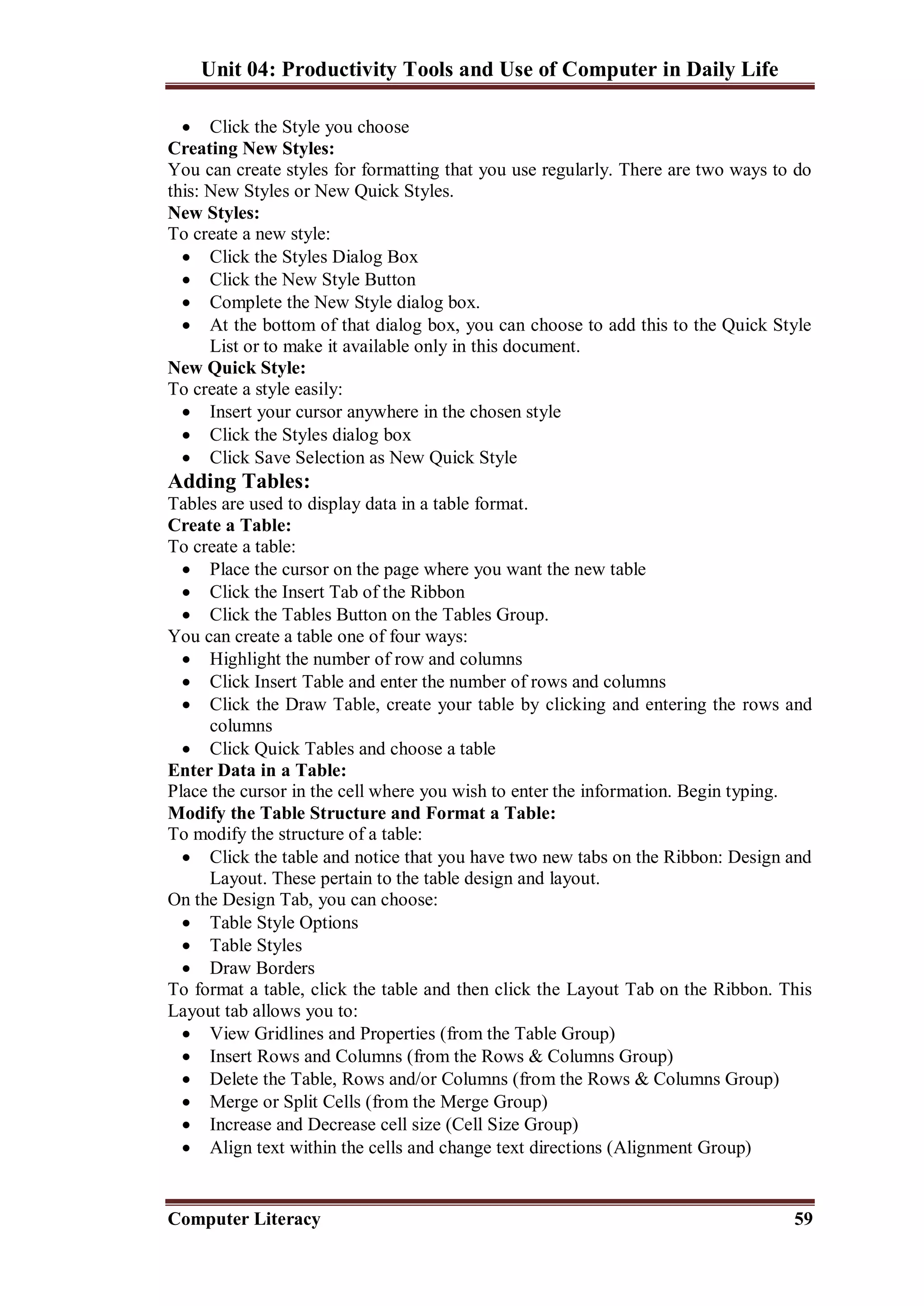 Unit 04: Productivity Tools and Use of Computer in Daily Life
Computer Literacy 59
 Click the Style you choose
Creating New Styles:
You can create styles for formatting that you use regularly. There are two ways to do
this: New Styles or New Quick Styles.
New Styles:
To create a new style:
 Click the Styles Dialog Box
 Click the New Style Button
 Complete the New Style dialog box.
 At the bottom of that dialog box, you can choose to add this to the Quick Style
List or to make it available only in this document.
New Quick Style:
To create a style easily:
 Insert your cursor anywhere in the chosen style
 Click the Styles dialog box
 Click Save Selection as New Quick Style
Adding Tables:
Tables are used to display data in a table format.
Create a Table:
To create a table:
 Place the cursor on the page where you want the new table
 Click the Insert Tab of the Ribbon
 Click the Tables Button on the Tables Group.
You can create a table one of four ways:
 Highlight the number of row and columns
 Click Insert Table and enter the number of rows and columns
 Click the Draw Table, create your table by clicking and entering the rows and
columns
 Click Quick Tables and choose a table
Enter Data in a Table:
Place the cursor in the cell where you wish to enter the information. Begin typing.
Modify the Table Structure and Format a Table:
To modify the structure of a table:
 Click the table and notice that you have two new tabs on the Ribbon: Design and
Layout. These pertain to the table design and layout.
On the Design Tab, you can choose:
 Table Style Options
 Table Styles
 Draw Borders
To format a table, click the table and then click the Layout Tab on the Ribbon. This
Layout tab allows you to:
 View Gridlines and Properties (from the Table Group)
 Insert Rows and Columns (from the Rows & Columns Group)
 Delete the Table, Rows and/or Columns (from the Rows & Columns Group)
 Merge or Split Cells (from the Merge Group)
 Increase and Decrease cell size (Cell Size Group)
 Align text within the cells and change text directions (Alignment Group)
 