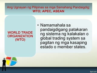 Ang Ugnayan ng Pilipinas sa mga Samahang Pandaigdig:
WTO; APEC, ASEAN
 