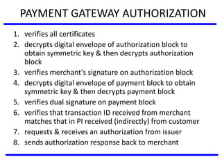 PAYMENT GATEWAY AUTHORIZATION
1. verifies all certificates
2. decrypts digital envelope of authorization block to
obtain symmetric key & then decrypts authorization
block
3. verifies merchant's signature on authorization block
4. decrypts digital envelope of payment block to obtain
symmetric key & then decrypts payment block
5. verifies dual signature on payment block
6. verifies that transaction ID received from merchant
matches that in PI received (indirectly) from customer
7. requests & receives an authorization from issuer
8. sends authorization response back to merchant
 