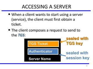 20
• When a client wants to start using a server
(service), the client must first obtain a
ticket.
• The client composes a request to send to
the TGS:
ACCESSING A SERVER
TGS Ticket
Authenticator
Server Name
sealed with
TGS key
sealed with
session key
 