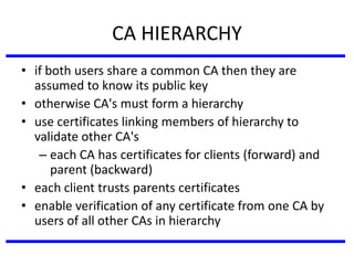 CA HIERARCHY
• if both users share a common CA then they are
assumed to know its public key
• otherwise CA's must form a hierarchy
• use certificates linking members of hierarchy to
validate other CA's
– each CA has certificates for clients (forward) and
parent (backward)
• each client trusts parents certificates
• enable verification of any certificate from one CA by
users of all other CAs in hierarchy
 