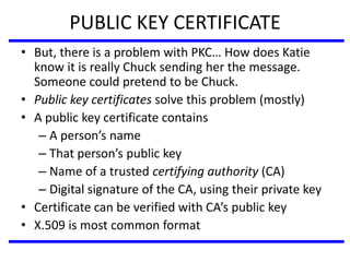 PUBLIC KEY CERTIFICATE
• But, there is a problem with PKC… How does Katie
know it is really Chuck sending her the message.
Someone could pretend to be Chuck.
• Public key certificates solve this problem (mostly)
• A public key certificate contains
– A person’s name
– That person’s public key
– Name of a trusted certifying authority (CA)
– Digital signature of the CA, using their private key
• Certificate can be verified with CA’s public key
• X.509 is most common format
 