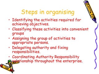 Steps in organising
• Identifying the activities required for
achieving objectives.
• Classifying these activities into convenient
groups
• Assigning the group of activities to
appropriate persons.
• Delegating authority and fixing
responsibilities.
• Coordinating Authority Responsibility
relationship throughout the enterprise.
 