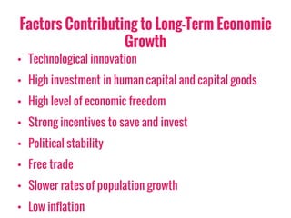 Factors Contributing to Long-Term Economic
Growth
• Technological innovation
• High investment in human capital and capital goods
• High level of economic freedom
• Strong incentives to save and invest
• Political stability
• Free trade
• Slower rates of population growth
• Low inflation
 