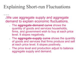 Explaining Short-run Fluctuations
●We use aggregate supply and aggregate
demand to explain economic fluctuations.
● The aggregate-demand curve shows the
quantity of goods and services households,
firms, and government wish to buy at each price
level. It slopes negatively.
● The aggregate-supply curve shows the quantity
of goods and services that firms produce and sell
at each price level. It slopes positively.
● The price level and production adjust to balance
aggregate supply and demand.
 