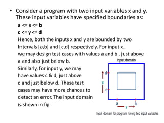 • Consider a program with two input variables x and y.
These input variables have specified boundaries as:
a <= x <= b
c <= y <= d
Hence, both the inputs x and y are bounded by two
Intervals [a,b] and [c,d] respectively. For input x,
we may design test cases with values a and b , just above
a and also just below b.
Similarly, for input y, we may
have values c & d, just above
c and just below d. These test
cases may have more chances to
detect an error. The input domain
is shown in fig.
 