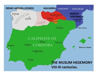 THE MUSLIM HEGEMONY
VIII-XI centuries.
NAVARRAREINO ASTUR-LEONES
MARCA
HISPÁNICA
 