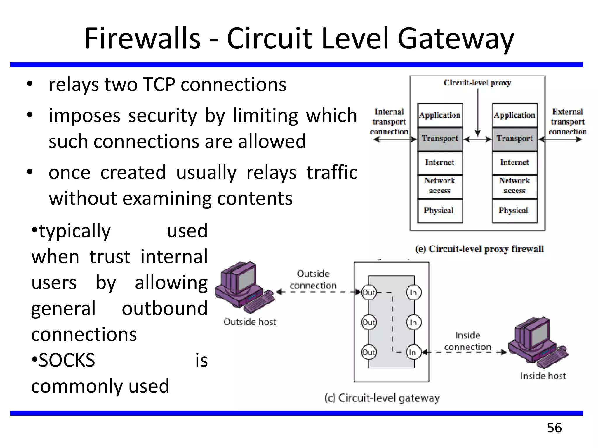 Firewalls - Circuit Level Gateway
• relays two TCP connections
• imposes security by limiting which
such connections are allowed
• once created usually relays traffic
without examining contents
56
•typically used
when trust internal
users by allowing
general outbound
connections
•SOCKS is
commonly used
 