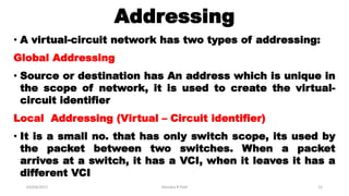 Addressing
• A virtual-circuit network has two types of addressing:
Global Addressing
• Source or destination has An address which is unique in
the scope of network, it is used to create the virtual-
circuit identifier
Local Addressing (Virtual – Circuit identifier)
• It is a small no. that has only switch scope, its used by
the packet between two switches. When a packet
arrives at a switch, it has a VCI, when it leaves it has a
different VCI
03/04/2017 Jitendra R Patil 15
 