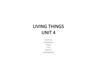 LIVING THINGS
UNIT 4UNIT 4
REPTILES
MAMMALS
BIRDS
FISH
INSECTS
AMPHIBIANS
 
