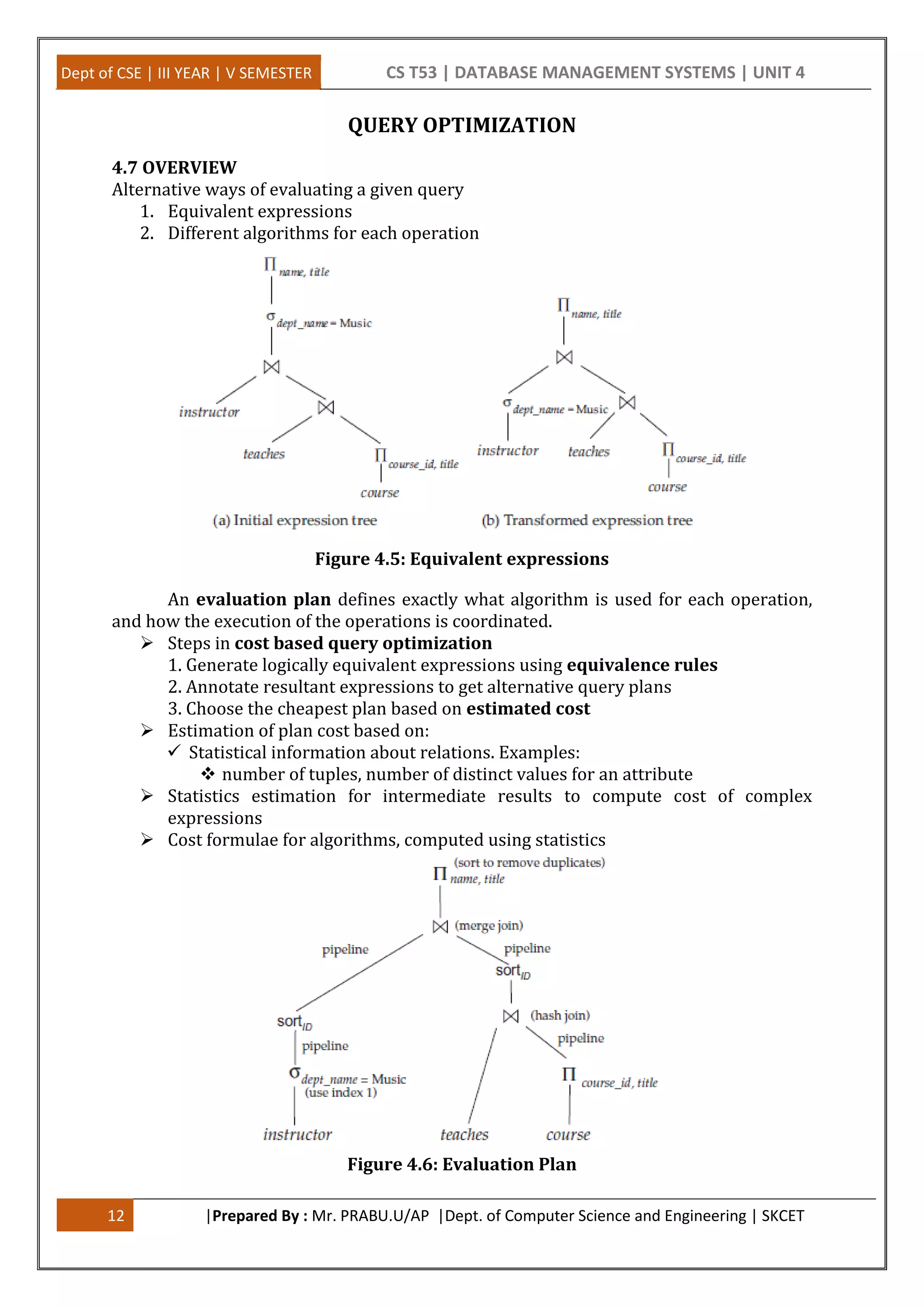 Dept of CSE | III YEAR | V SEMESTER CS T53 | DATABASE MANAGEMENT SYSTEMS | UNIT 4 12 |Prepared By : Mr. PRABU.U/AP |Dept. of Computer Science and Engineering | SKCET QUERY OPTIMIZATION 4.7 OVERVIEW Alternative ways of evaluating a given query 1. Equivalent expressions 2. Different algorithms for each operation Figure 4.5: Equivalent expressions An evaluation plan defines exactly what algorithm is used for each operation, and how the execution of the operations is coordinated.  Steps in cost based query optimization 1. Generate logically equivalent expressions using equivalence rules 2. Annotate resultant expressions to get alternative query plans 3. Choose the cheapest plan based on estimated cost  Estimation of plan cost based on:  Statistical information about relations. Examples:  number of tuples, number of distinct values for an attribute  Statistics estimation for intermediate results to compute cost of complex expressions  Cost formulae for algorithms, computed using statistics Figure 4.6: Evaluation Plan 