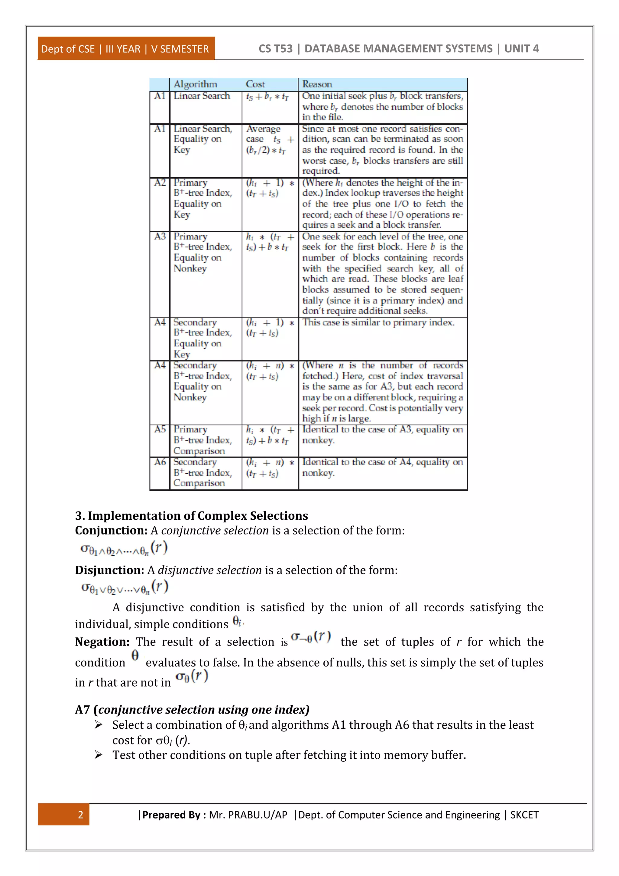 Dept of CSE | III YEAR | V SEMESTER CS T53 | DATABASE MANAGEMENT SYSTEMS | UNIT 4 2 |Prepared By : Mr. PRABU.U/AP |Dept. of Computer Science and Engineering | SKCET 3. Implementation of Complex Selections Conjunction: A conjunctive selection is a selection of the form: Disjunction: A disjunctive selection is a selection of the form: A disjunctive condition is satisfied by the union of all records satisfying the individual, simple conditions Negation: The result of a selection is the set of tuples of r for which the condition evaluates to false. In the absence of nulls, this set is simply the set of tuples in r that are not in A7 (conjunctive selection using one index)  Select a combination of i and algorithms A1 through A6 that results in the least cost for i (r).  Test other conditions on tuple after fetching it into memory buffer. 