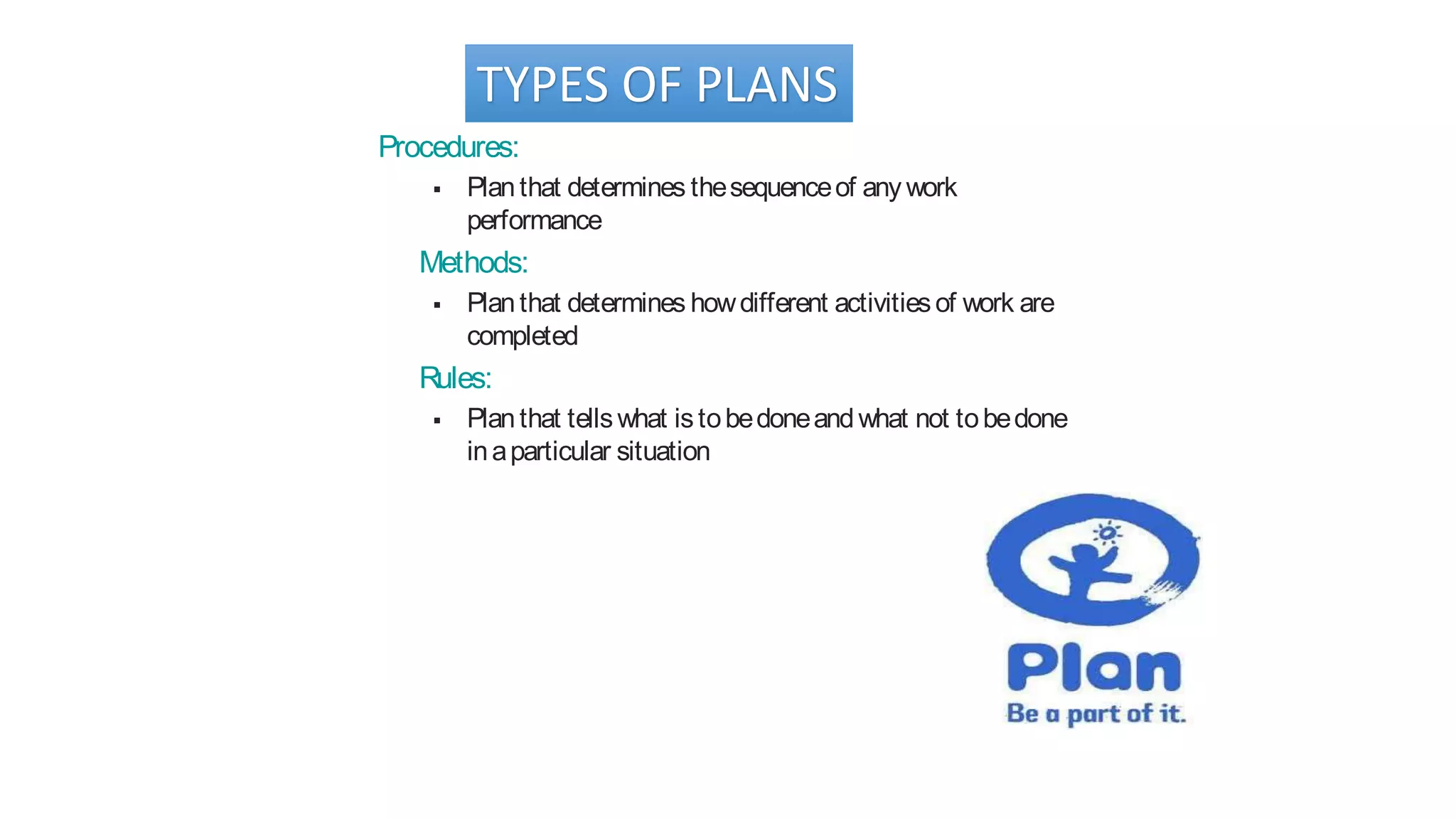 TYPES OF PLANS
Procedures:
 Planthat determines thesequenceof any work
performance
Methods:
 Planthat determines howdifferent activitiesof work are
completed
Rules:
 Planthat tellswhat istobedoneandwhat not tobedone
inaparticular situation
 
