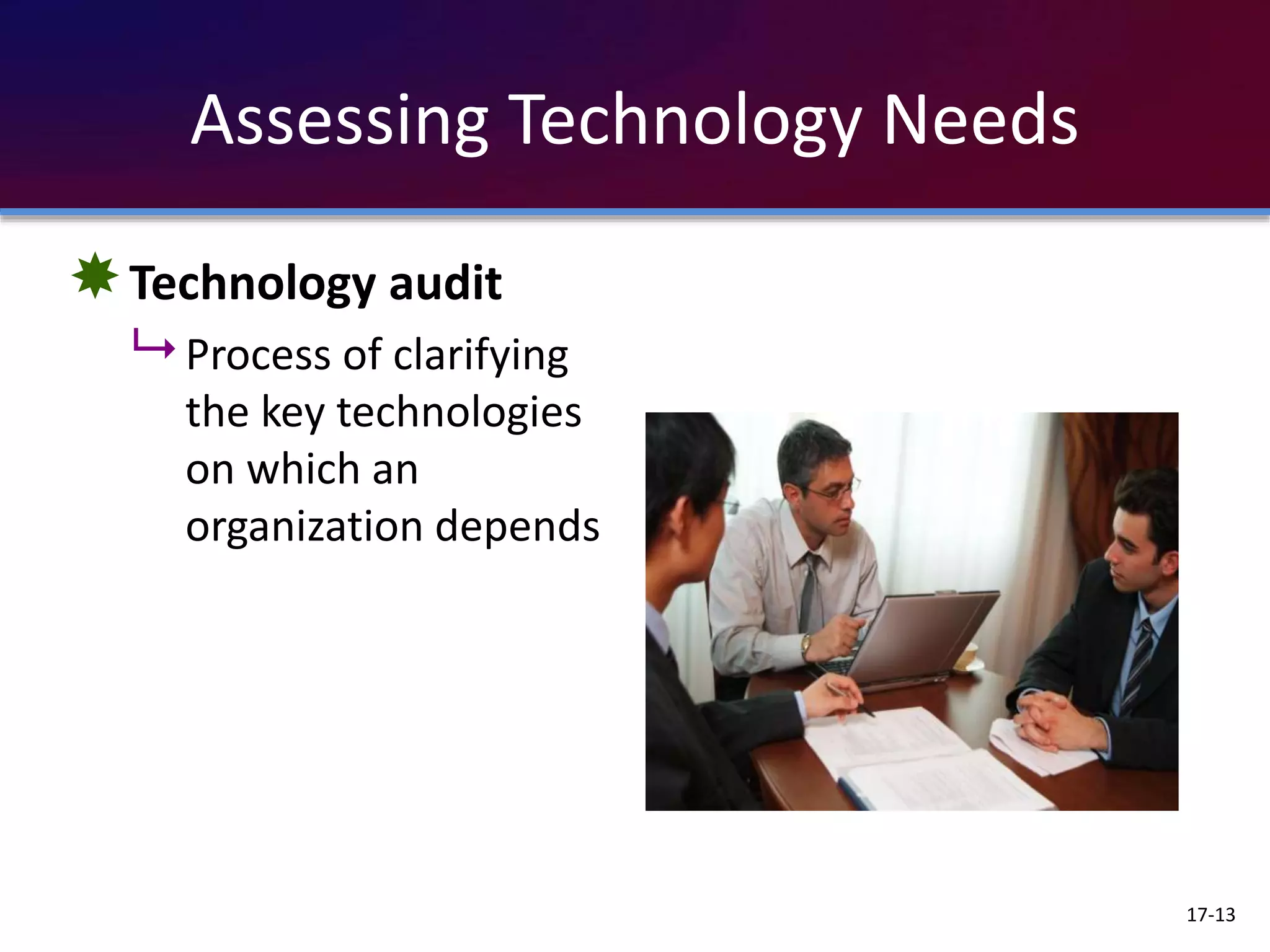 Assessing Technology Needs
Technology audit
 Process of clarifying
the key technologies
on which an
organization depends
17-13
 