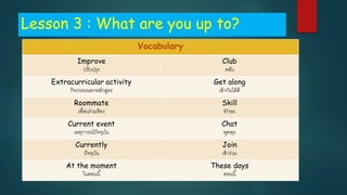 Lesson 3 : What are you up to?
Vocabulary
Improve
ปรับปรุง
Club
คลับ
Extracurricular activity
กิจกรรมนอกหลักสูตร
Get along
เข้ำกันได้ดี
Roommate
เพื่อนร่วมห้อง
Skill
ทักษะ
Current event
เหตุกำรณ์ปัจจุบัน
Chat
พูดคุย
Currently
ปัจจุบัน
Join
เข้ำร่วม
At the moment
ในตอนนี้
These days
ตอนนี้
 