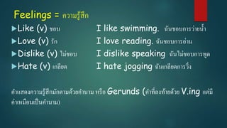 Feelings = ความรู้สึก
Like (v) ชอบ I like swimming. ฉันชอบการว่ายน้า
Love (v) รัก I love reading. ฉันชอบการอ่าน
Dislike (v) ไม่ชอบ I dislike speaking ฉันไม่ชอบการพูด
Hate (v) เกลียด I hate jogging ฉันเกลียดการวิ่ง
คาแสดงความรู้สึกมักตามด้วยคานาม หรือ Gerunds (คาที่ลงท้ายด้วย V.ing แต่มี
ค่าเหมือนเป็นคานาม)
 