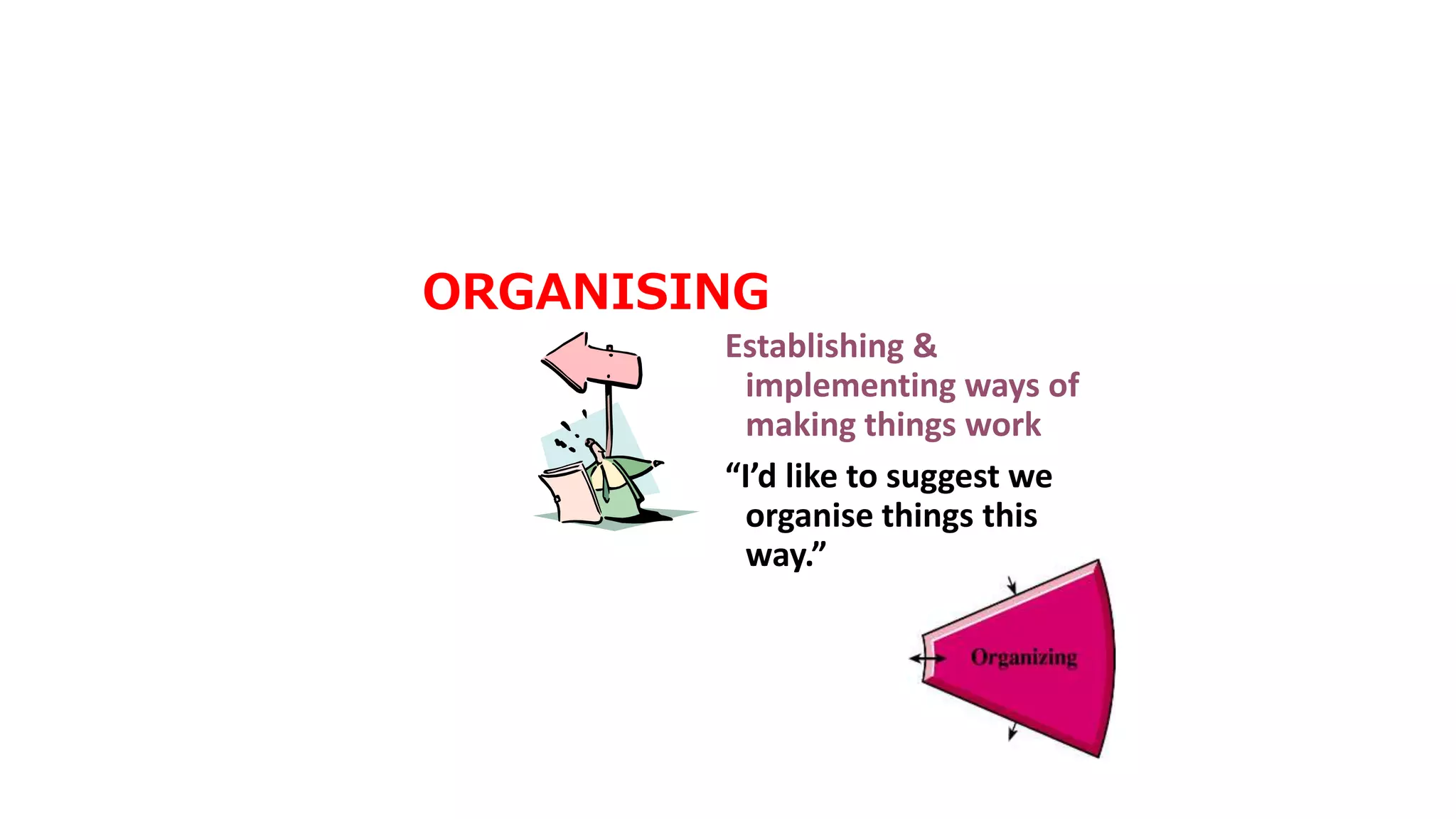 ORGANISING
Establishing &
implementing ways of
making things work
“I’d like to suggest we
organise things this
way.”
 