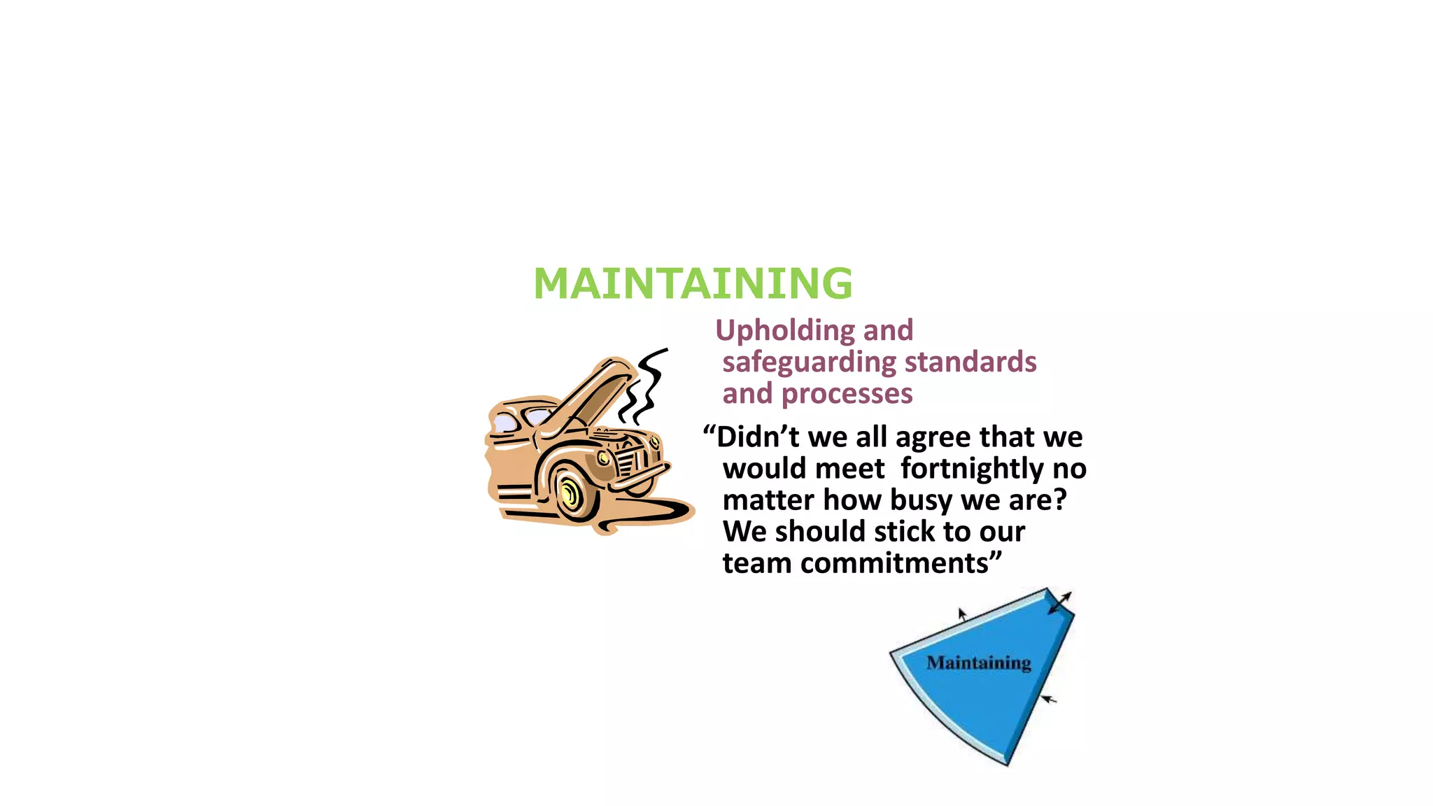 MAINTAINING
Upholding and
safeguarding standards
and processes
“Didn’t we all agree that we
would meet fortnightly no
matter how busy we are?
We should stick to our
team commitments”
 