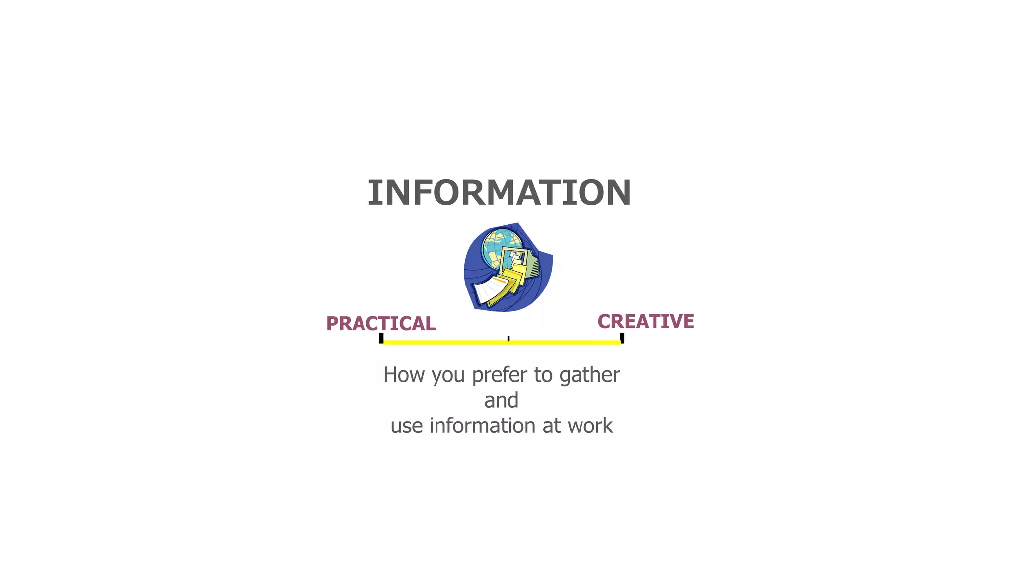 INFORMATION
PRACTICAL CREATIVE
How you prefer to gather
and
use information at work
 