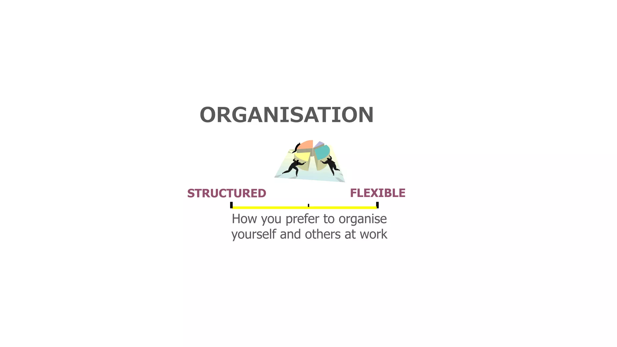 ORGANISATION
STRUCTURED FLEXIBLE
How you prefer to organise
yourself and others at work
 