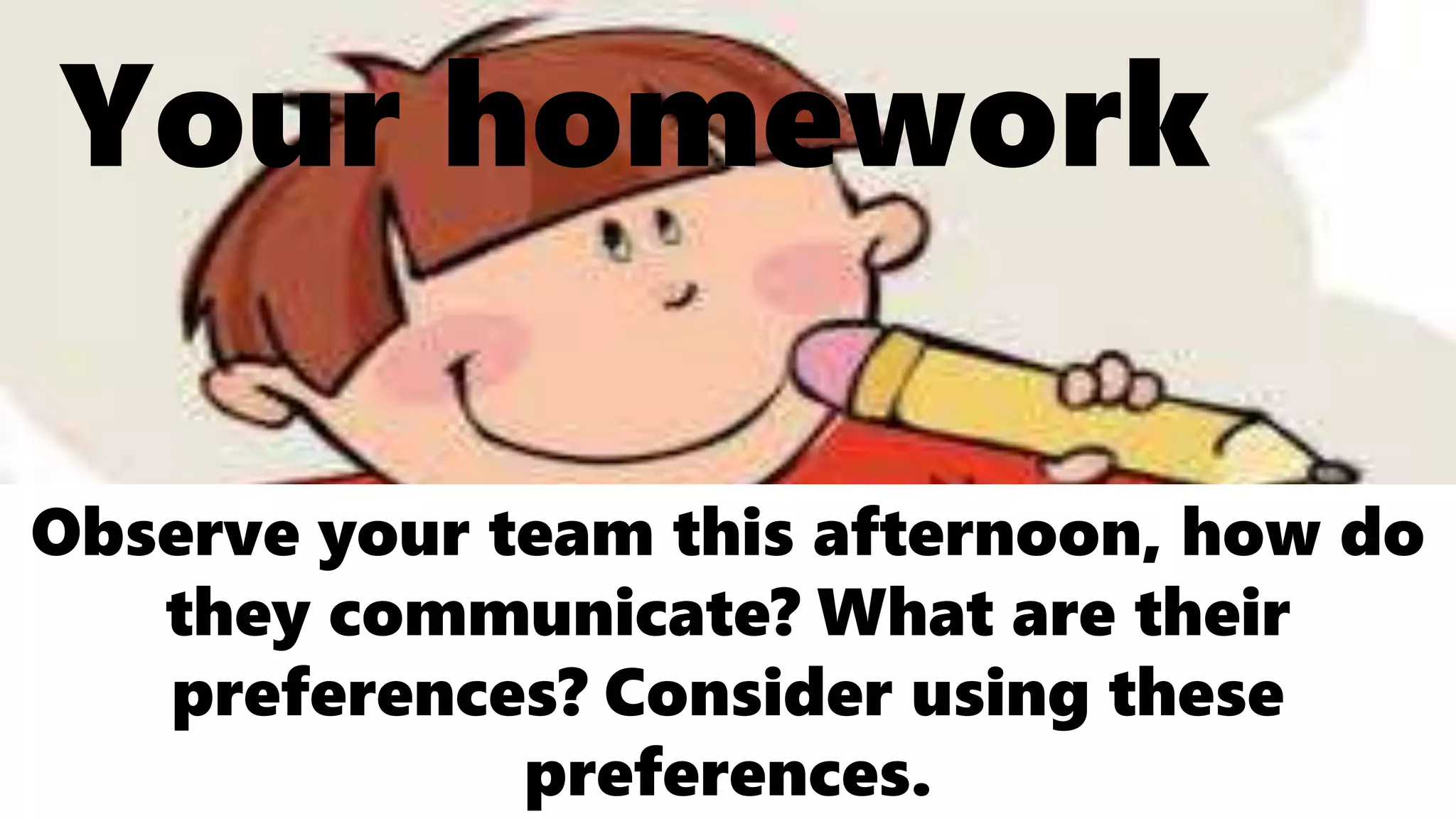 Your homework
Observe your team this afternoon, how do
they communicate? What are their
preferences? Consider using these
preferences.
 