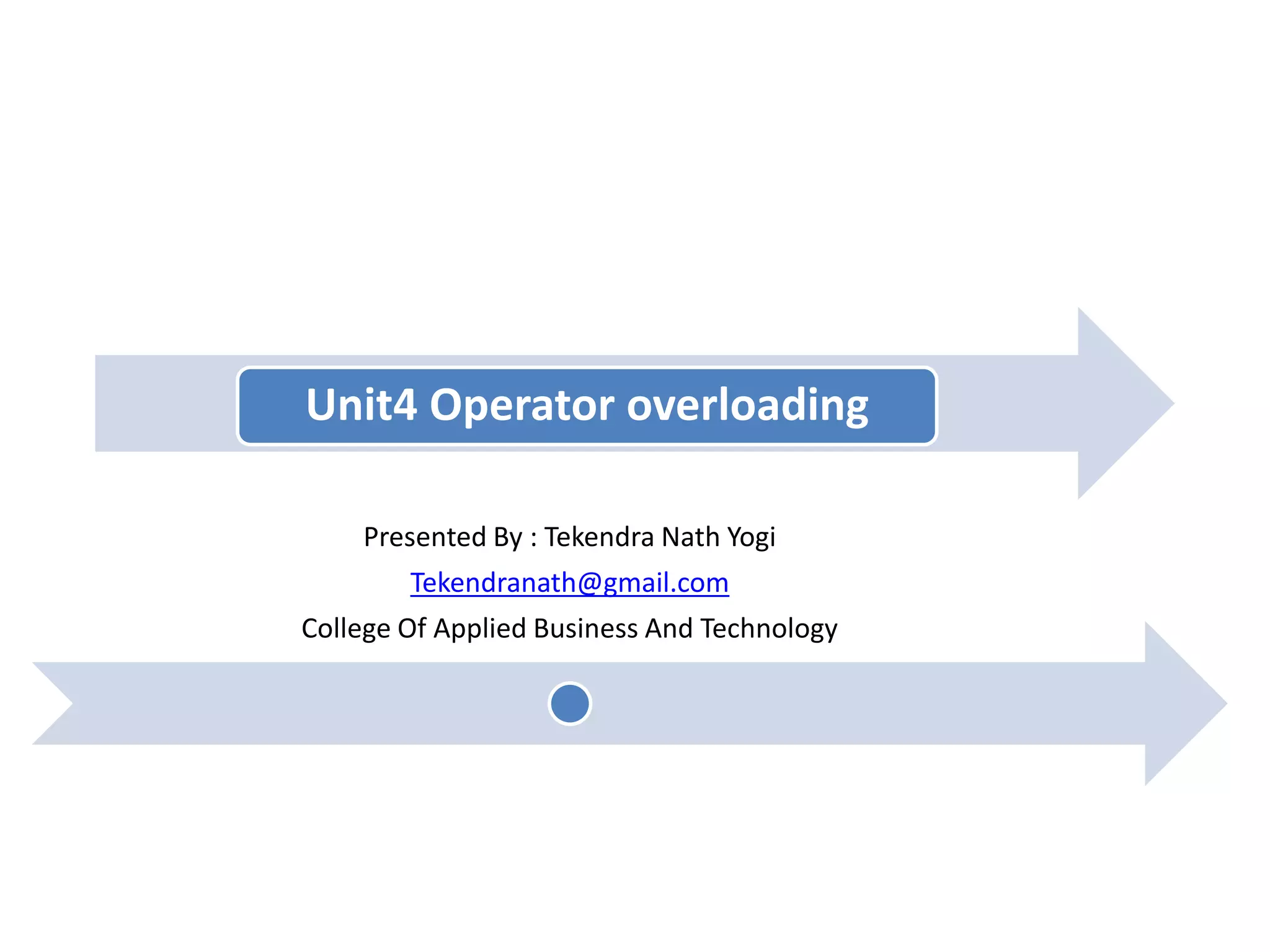 Unit4 Operator overloading
Presented By : Tekendra Nath Yogi
Tekendranath@gmail.com
College Of Applied Business And Technology
 