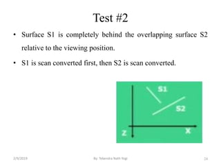 Test #2
• Surface S1 is completely behind the overlapping surface S2
relative to the viewing position.
• S1 is scan converted first, then S2 is scan converted.
24By: Tekendra Nath Yogi2/9/2019
 