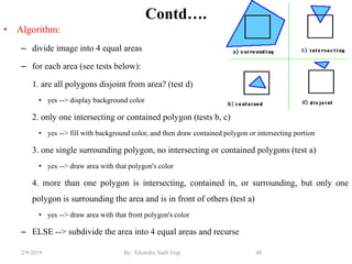 Contd….
• Algorithm:
– divide image into 4 equal areas
– for each area (see tests below):
1. are all polygons disjoint from area? (test d)
• yes --> display background color
2. only one intersecting or contained polygon (tests b, c)
• yes --> fill with background color, and then draw contained polygon or intersecting portion
3. one single surrounding polygon, no intersecting or contained polygons (test a)
• yes --> draw area with that polygon's color
4. more than one polygon is intersecting, contained in, or surrounding, but only one
polygon is surrounding the area and is in front of others (test a)
• yes --> draw area with that front polygon's color
– ELSE --> subdivide the area into 4 equal areas and recurse
40By: Tekendra Nath Yogi2/9/2019
 