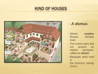  A domus.
 Where wealthy
Roman families
lived.
 The rooms were laid
out around an
interior courtyard,
called an atrium.
 Banquets were held
in
the triclinium (dining
room).
KIND OF HOUSES
 