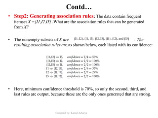 Compiled by: Kamal Acharya
Contd…
• Step2: Generating association rules: The data contain frequent
itemset X ={I1,I2,I5} .What are the association rules that can be generated
from X?
• The nonempty subsets of X are . The
resulting association rules are as shown below, each listed with its confidence:
• Here, minimum confidence threshold is 70%, so only the second, third, and
last rules are output, because these are the only ones generated that are strong.
 