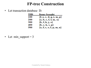 Compiled by: Kamal Acharya
FP-tree Construction
• Let transaction database D:
• Let min_support = 3
 