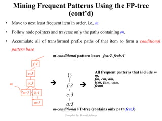 Mining Frequent Patterns Using the FP-tree
(cont’d)
• Move to next least frequent item in order, i.e., m
• Follow node pointers and traverse only the paths containing m.
• Accumulate all of transformed prefix paths of that item to form a conditional
pattern base
f:4
c:3
a:3
m:2
m
m:1
b:1
m-conditional pattern base: fca:2, fcab:1
{}
f:3
c:3
a:3
m-conditional FP-tree (contains only path fca:3)
All frequent patterns that include m
m,
fm, cm, am,
fcm, fam, cam,
fcam 
Compiled by: Kamal Acharya
 