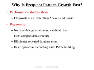 Why Is Frequent Pattern Growth Fast?
• Performance studies show
– FP-growth is an faster than Apriori, and is also
• Reasoning
– No candidate generation, no candidate test
– Uses compact data structure
– Eliminates repeated database scan
– Basic operation is counting and FP-tree building
Compiled by: Kamal Acharya
 