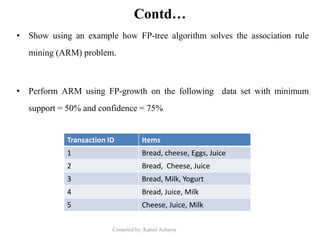 Compiled by: Kamal Acharya
Contd…
• Show using an example how FP-tree algorithm solves the association rule
mining (ARM) problem.
• Perform ARM using FP-growth on the following data set with minimum
support = 50% and confidence = 75%
Transaction ID Items
1 Bread, cheese, Eggs, Juice
2 Bread, Cheese, Juice
3 Bread, Milk, Yogurt
4 Bread, Juice, Milk
5 Cheese, Juice, Milk
 