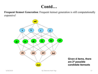 Contd…
Given d items, there
are 2d possible
candidate itemsets
6/30/2019 17By:Tekendra Nath Yogi
Frequent Itemset Generation: Frequent itemset generation is still computationally
expensive!
 
