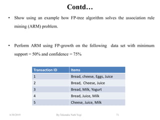 6/30/2019 By:Tekendra Nath Yogi 71
Contd…
• Show using an example how FP-tree algorithm solves the association rule
mining (ARM) problem.
• Perform ARM using FP-growth on the following data set with minimum
support = 50% and confidence = 75%
Transaction ID Items
1 Bread, cheese, Eggs, Juice
2 Bread, Cheese, Juice
3 Bread, Milk, Yogurt
4 Bread, Juice, Milk
5 Cheese, Juice, Milk
 