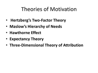 Theories of Motivation
• Hertzberg’s Two-Factor Theory
• Maslow’s Hierarchy of Needs
• Hawthorne Effect
• Expectancy Theory
• Three-Dimensional Theory of Attribution
 