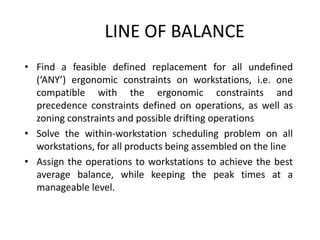 LINE OF BALANCE
• Find a feasible defined replacement for all undefined
(‘ANY’) ergonomic constraints on workstations, i.e. one
compatible with the ergonomic constraints and
precedence constraints defined on operations, as well as
zoning constraints and possible drifting operations
• Solve the within-workstation scheduling problem on all
workstations, for all products being assembled on the line
• Assign the operations to workstations to achieve the best
average balance, while keeping the peak times at a
manageable level.
 