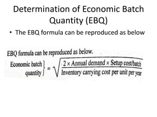 Determination of Economic Batch
Quantity (EBQ)
• The EBQ formula can be reproduced as below
 