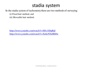stadia system
In the stadia system of tachometrythere are two methods of surveying
(i) Fixed hair method, and
(ii) Moveable hair method.
https://www.youtube.com/watch?v=MA-l1DqRtjI
https://www.youtube.com/watch?v=Xo6cNTuMbDw
D.Parthiban/Asst., Professor/Civil
 