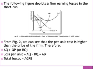  The following figure depicts a firm earning losses in the
short-run
 From Fig. 2, we can see that the per unit cost is higher
than the price of the firm. Therefore,
 AQ > OP (or BQ)
 Loss per unit = AQ – BQ = AB
 Total losses = ACPB
 