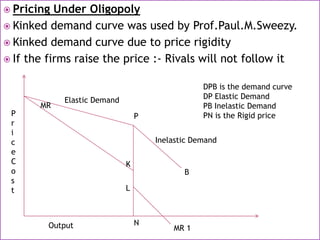  Pricing Under Oligopoly
 Kinked demand curve was used by Prof.Paul.M.Sweezy.
 Kinked demand curve due to price rigidity
 If the firms raise the price :- Rivals will not follow it
Elastic Demand
Inelastic Demand
MR
P
K
L
N
MR 1
B
Output
P
r
i
c
e
C
o
s
t
DPB is the demand curve
DP Elastic Demand
PB Inelastic Demand
PN is the Rigid price
 