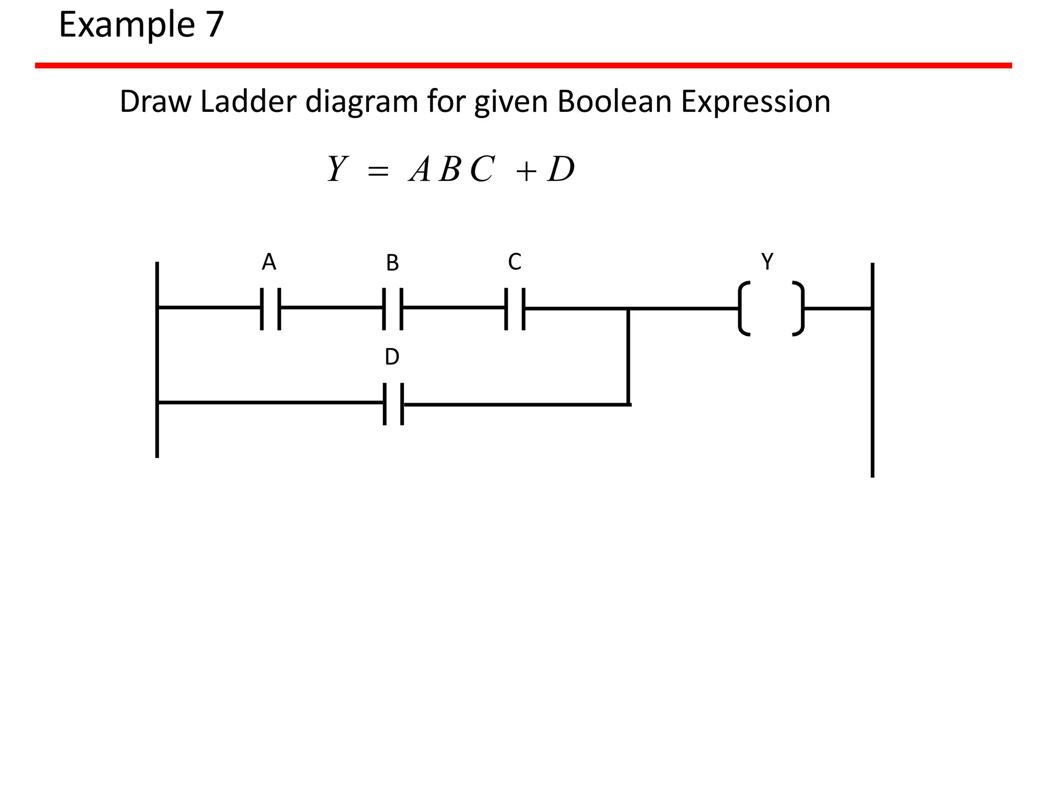 Example 7
A B Y
Draw Ladder diagram for given Boolean Expression
Y  A B C  D
C
D
 