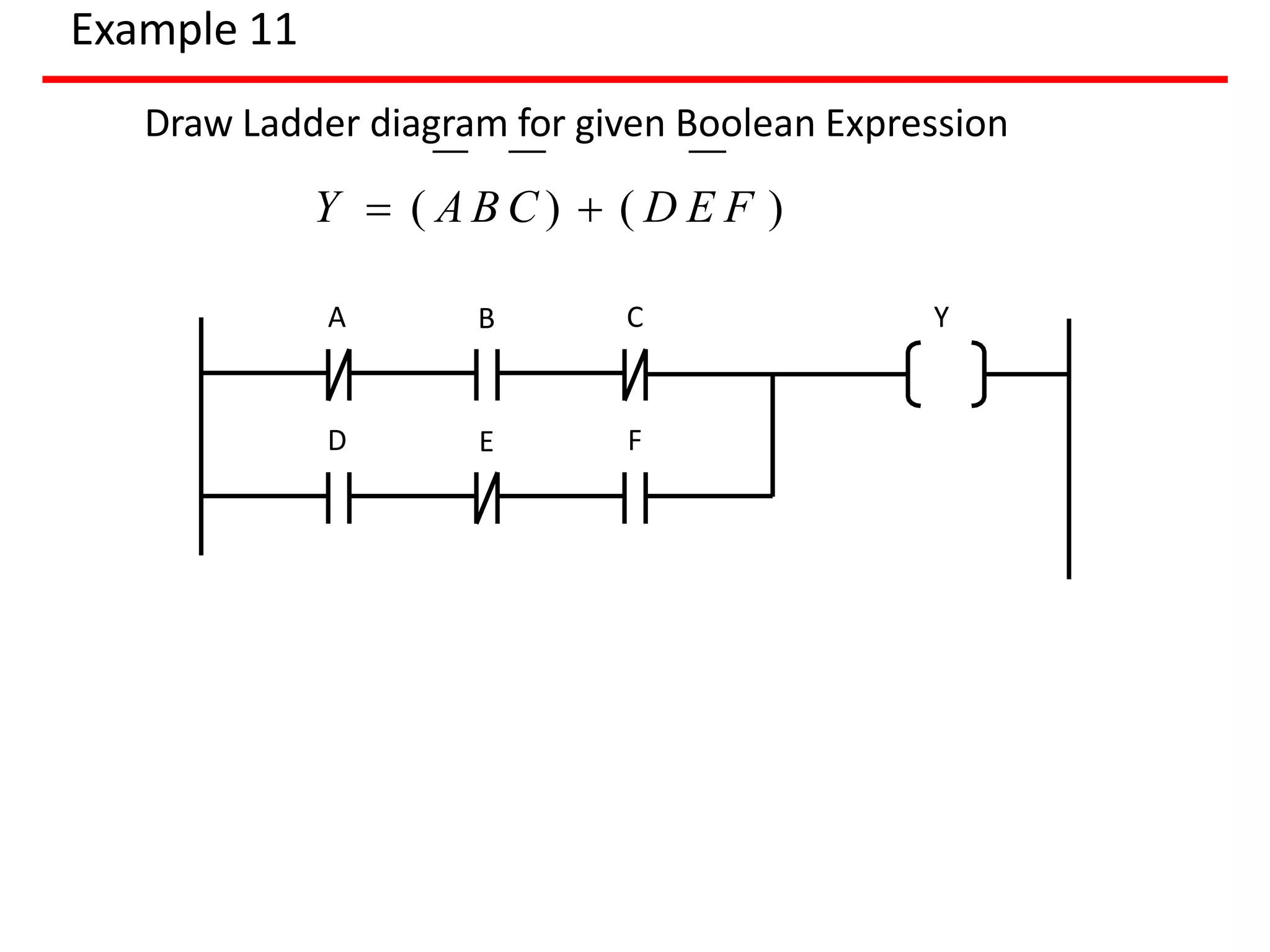 Example 11
A B Y
Draw Ladder diagram for given Boolean Expression
Y  ( A B C )  ( D E F )
C
D E F
 
