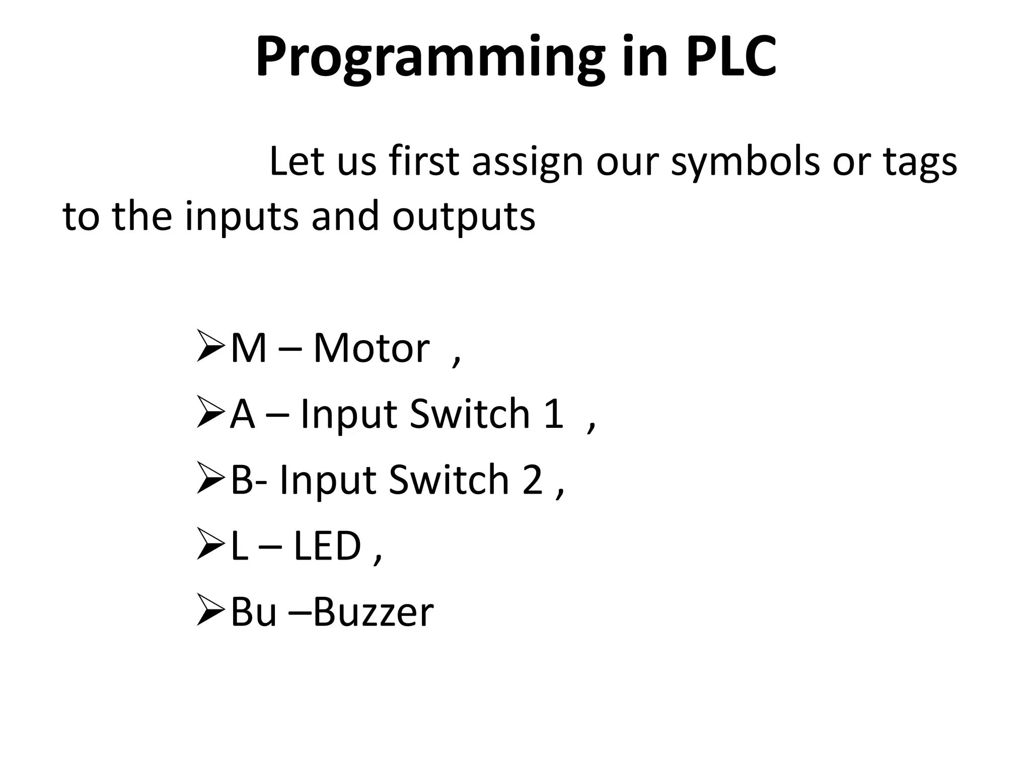 Programming in PLC
Let us first assign our symbols or tags
to the inputs and outputs
M – Motor ,
A – Input Switch 1 ,
B- Input Switch 2 ,
L – LED ,
Bu –Buzzer
 